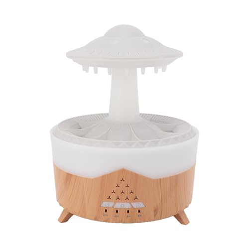 Rain Cloud 加湿器、350ml UFO 加湿器ウォータードリップ、エッセンシャルオイルディフューザーと 7 色の LED ライト付きワイヤレスリモコンデスク噴水滝ランプ睡眠用 (木地)