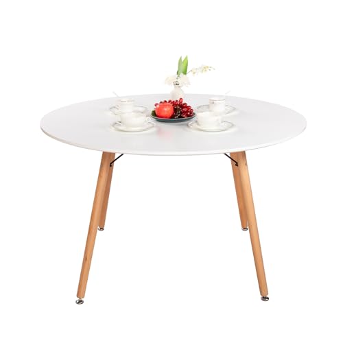 H.J WeDoo Table à Manger Ronde 120 cm, Table de Cuisine Moderne Scandinave, Table à Pieds en Bois de Hêtre pour Salon ou Cuisine, Blanche