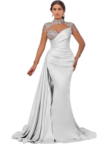 Mermaid/Trumpet Formal Wedding Guest Dress Sexy Evening Dress Satin Illusion Neck Sweep/Brush Train Beading 2024
