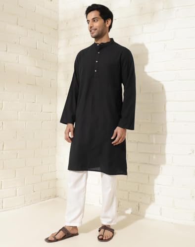Fabindia Men's Cotton Woven Relaxed Kurta (1037837Black_Black