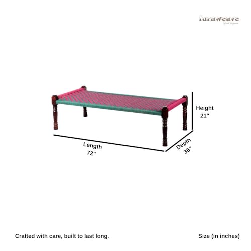 Image of Solid Sheesham Wood Charpai Khat Bed | Wooden Khatiya Charpai Desi | Handcrafted Khatiya Bed with Cotton Rope | Strong Khat for Indoor & Outdoor Use | 6X3 Feet | Pink Green