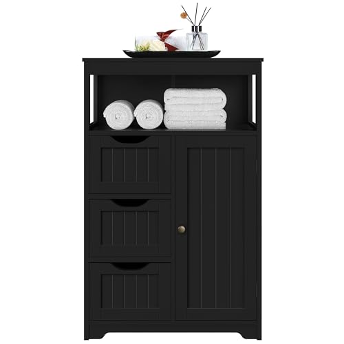 Yaheetech Bathroom Floor Cabinet Storage Organizer with Open Storage Shelf Free-standing Floor Cabinets with 3 Drawers and 1 Door Adjustable Shelf for Living Room/Kitchen/Entryway Black