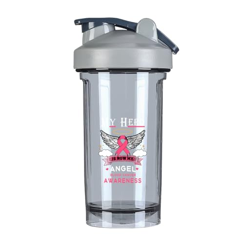 My Hero Is Now My Angel Breast Cancer Awareness 18 Ounce Shaker Bottle Drink Mixer Leak-proof Pre Workout Protein Shakes Meal Replacement Shakes Bottles 500ML/18 Oz Gray