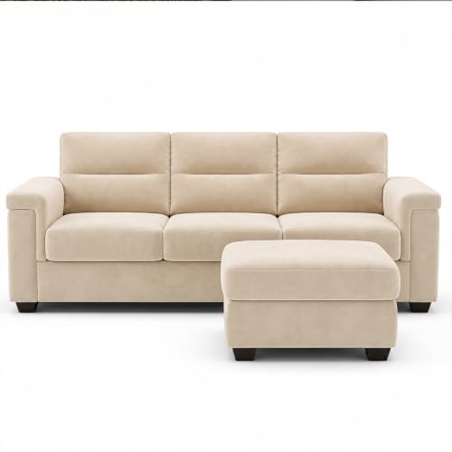 Image of FURNY Parker 3 Seater Sofa Set with Ottoman | Premium Suede Velvet Fabric Finish | Durable Comfort Sofa for Modern Living Room & Office Spaces (Cream)