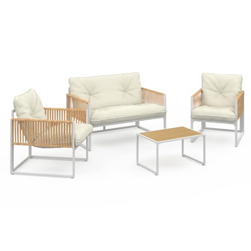 IDMarket - Salon de Jardin Bas Rio 4 Places Structure métal Blanc, Cordage Effet rotin Clair et Coussins Beiges
