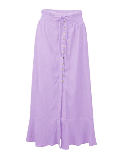 Image of Minclouse Women's Elastic Tie Waist Button Down Maxi Skirts Casual Loose Flowy Swing Slit Front Dress