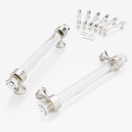 CEYMIO 6 Pack Glass Cabinet Handles and Pulls for Cabinets and Drawers Kitchen Bathroom Bedroom Brushed Nickel Pull Door Handle Distance Glass Crystal Knobs 128 mm