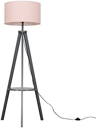 MiniSun Modern Grey Wood Tripod Design Floor Lamp with Storage Shelf & Navy Blue Drum Shade - Complete with a 6w LED Bulb [3000K Warm White]