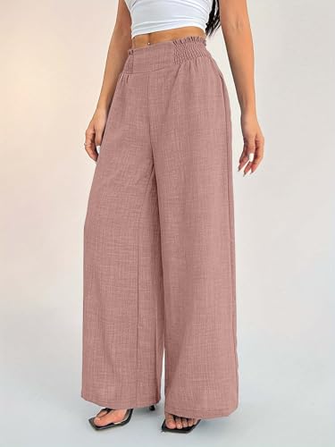 Image of Sugathari Women's Casual Wide Leg Pants - High Waist Elastic Waistband Loose Fit Long Trousers | Lightweight Straight Leg Summer PantsTrouser 254