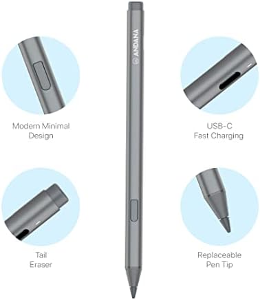 Andana MPP Stylus EC Pen MPP 2.0 Tilt Pen Digital Stylus with 4096 Pressure Sensitivity, Tail Eraser, Palm Rejection, Compatible With Microsoft Surface and Asus, Acer, Dell, HP, Vaio (Silver)