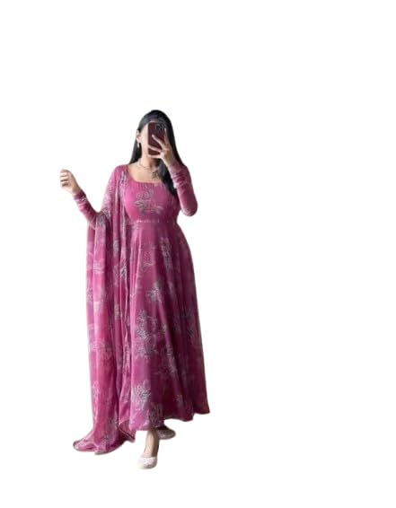 Image of Elegant Rose Pink Anarkali Style Maxi Dress with Dupatta - Full Length Flowy Silhouette, Long Sleeves Festive Occasion Wear for Women