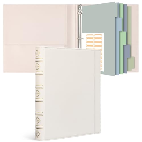 Ospelelf Leather 3 Ring Binder 1 Inch Vintage D Ring Binder with Pockets and 5 Tab Dividers Hardback Book Style Document Organizer Fits Letter Size Paper for Home Office and Wedding White