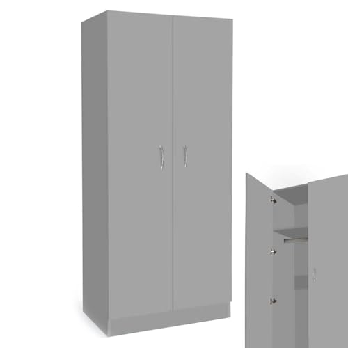 MA MAISON Armadio Guardaroba 2 Ante - Ripiano Interiore, Mobile in Legno Truciolare, Classico, Camera da Letto, Appendiabiti, Capiente, Organizzatore Multiuso - 80 x 50 x 180 cm (Grigio)