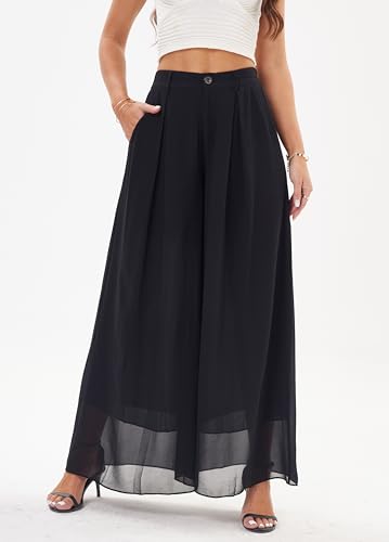 heipeiwa Women's Chiffon Wide Leg Palazzo Pants Flowy Casual Beach Party Dress Long Pants Trouser2