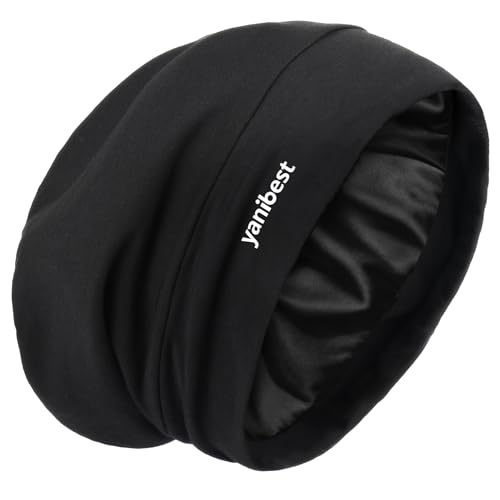 YANIBEST Slouchy Beanie Hat Satin Lined Sleep Cap Satin Bonnet Chemo Headwear Caps for Women and Men Pure Black