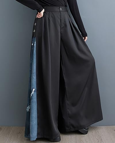 ellazhu Women's Pants Button Black Blue Pattern Patchwork Loose Oversize Length to Ankle GZ253 A4