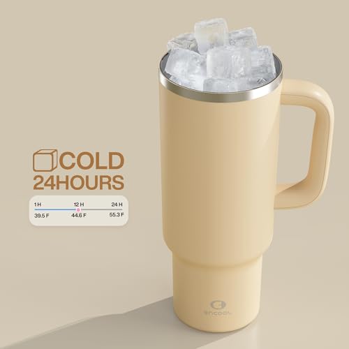 Image of ENCOOL 40 oz Tumbler with Handle and Straw: Stainless Steel Insulated Tumbler Keeps Cold for 24 Hours, Leakproof Travel Cup Fits in Cup Holder and BPA-Free, Indian Khaki