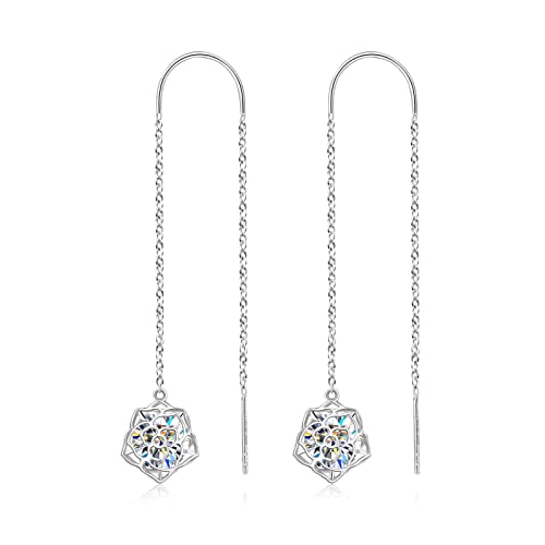 Dyunq Certified 4Ct Moissanite Rose Flower Threader Dangle Earrings, 18K Gold Plated 925 Sterling Silver Hypoallergenic 8Mm Round Cut Jewelry Gift For Her #TOP6