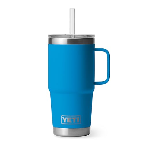 Image of YETI Rambler 25 oz Tumbler with Handle and Straw Lid, Travel Mug Water Tumbler, Vacuum Insulated Cup with Handle, Stainless Steel, Big Wave Blue