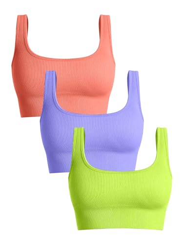 Image of OQQ Women's 3 Piece Medium Support Tank Top Ribbed Seamless Removable Cups Workout Exercise Sport Bra