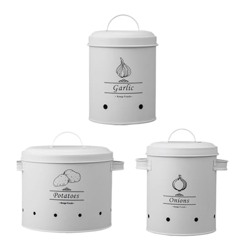 Contenitore Per La Conservazione 'aglio - Fattoria Rustica, Barattolo In Metallo Bianco, Design Con Sfiato Aerato | Vaso Vintage Per Custode Di Patate E Cipolle, Bancone Da Cucina, Decorazione Per