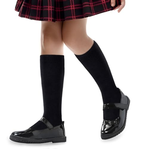 Lusofie 2 Pairs Knee High Socks for Girls 4-8 years Old, Black White Mid-Calf School Uniform Long Socks Soft for Kids