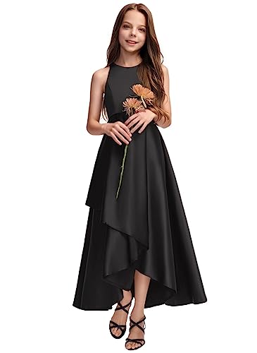 A-line Scoop Asymmetrical Satin Junior Bridesmaid Dress Flower Girl Dresses for Wedding with Cascading Ruffles