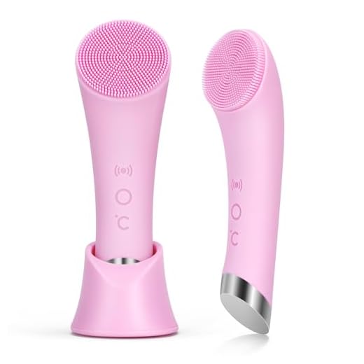 PRITECH Facial Cleansing Brush, Rechargeable Silicone Face Scrubber with Heat Massage End, Vibrating Exfoliator Scrubber for Deep Cleaning, Waterproof Face Brush for Women and Men (Pink)