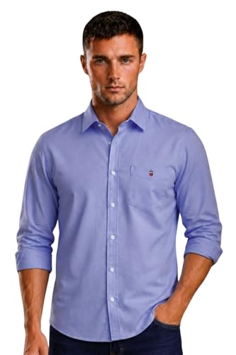 Image of Louis Philippe Men's Slim Fit Signature Oxford Easy Care, Natural Stretch Full Sleeve Solid Casual Shirt, Cotton