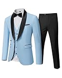 YND Men's 3 Piece Tuxedo Set with Bow Tie, Slim Fit One Button Shawl Lapel Suit Blazer Vest Pants, for Wedding Prom Dinners, Sky Blue