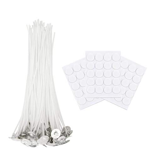 VOCIBO Candle Wicks 50 Pcs, 10cm Candle Wicks With 60 Pcs Candle Wick Stickers, Natural Organic Cotton, Candle Wick for Candle Making DIY