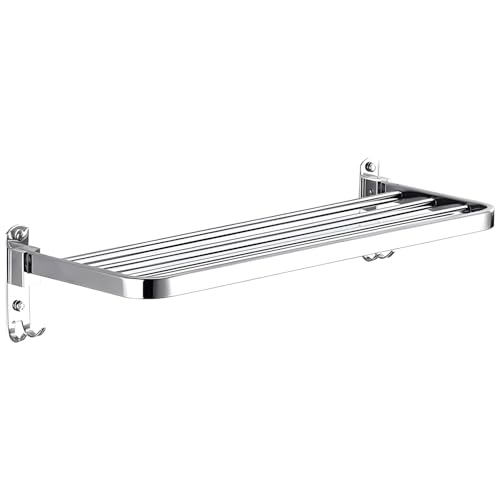 Image of Zureni Folding Towel Rack for Bathroom with Multipurpose Hooks Wall Mount Hanger Bar Shelf Accessories and Fittings Stand Home Kitchen Washroom (Pack of 1, Silver, 1025)