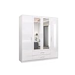GLOSSIQUE 4 Door High Gloss Wardrobe with Mirror – MDF Board Bedroom Storage Cabinet with Shelves & Drawers (White 160cm)