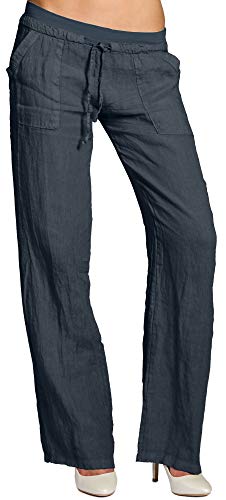 Caspar KHS025 Pantalones Largos de Lino para Mujer Casual Verano, Color:Azul Oscuro, Talla:M - DE38 UK10 IT42 ES40 US8