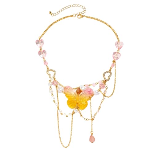 Collier papillon Y2K avec éclats de strass et chaînes cœurs légères qui ne s'emmêlent pas