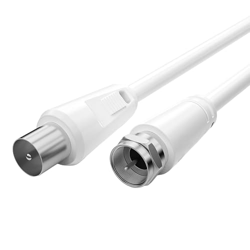 MxyVrix Cable Coaxial Aéreo F Connector Macho Plug to RF M-Macho, Satélite, TV, HDTV, Radio, DVD, DVB-T2, DVB-C, DVB-S, CCTV, Banda Ancha, Reducción de Errores, Blindaje Efectivo, 2 m Blanco