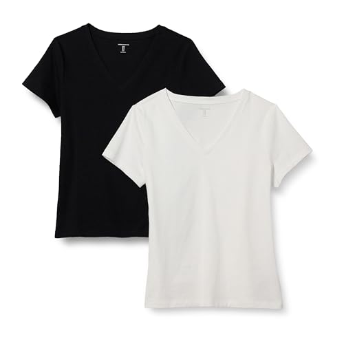 Amazon Essentials Damen Kurzarm-T-Shirt mit V-Ausschnitt, Regular Fit aus 100 % Baumwolle, 2er-Pack, Schwarz/Weiß, XL