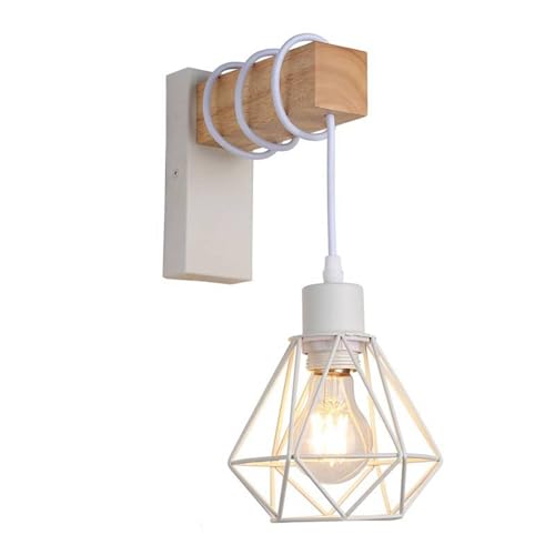 B·LED BARCELONA LED Aplique de pared vintage en diseño industrial, lámpara retro de acero y madera, color Blanco, marrón, casquillo E27. Lámpara de pared dormitorio, sala de estar, comedor