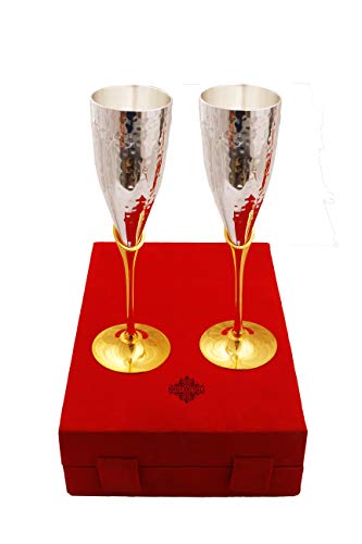 Indian Art Villa Siver Plated Hammered Goblet Flute Wine Glass Cup with Red Box, Best for Parties, 3.4 OZ Each, Set of 2
