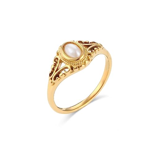 Gold Rings for Women Non Tarnish Natural Freshwater Pearl Stainless Steel 18K Gold Plated Ring,Bridesmaid Wedding Jewelry，Promise Rings for Her
