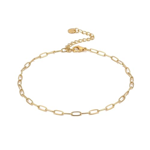 Image of NONAMOIS Ankle Bracelets for Women Dainty 18K Gold Plated Anklet Waterproof Round Beaded Paperclip Herringbone Pearl Chain Anklets Waterproof Beach Foot Jewelry