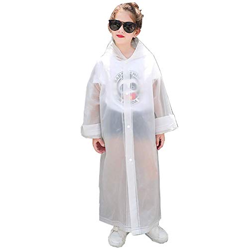 suyncyi Rain Coats for Girls,Reusable Kids Rain Coat for 6-11 Years Old -White