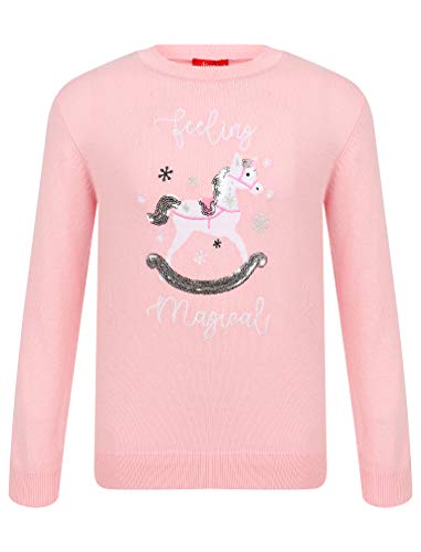 Girls Xmas Unicorn Crew Neck Christmas Jumper In Pink Almond Blossom - Merry Christmas-4-5 Years