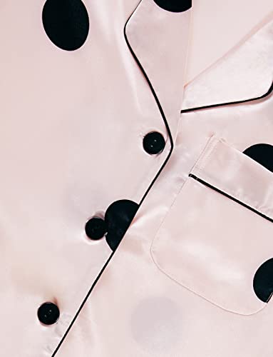 Rooscier Women's Satin Polka Dots Pajamas Set Short Sleeve Button Sleepwear With Shorts Beige Medium #TOP2