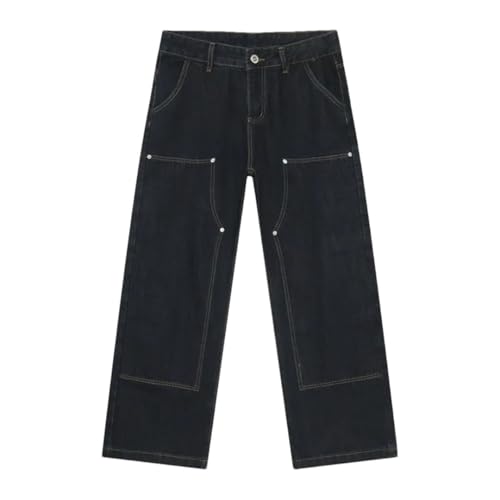 Men's Jeans Deconstructed Washing Cargo Trousers Straight Wide Leg Denim Pants