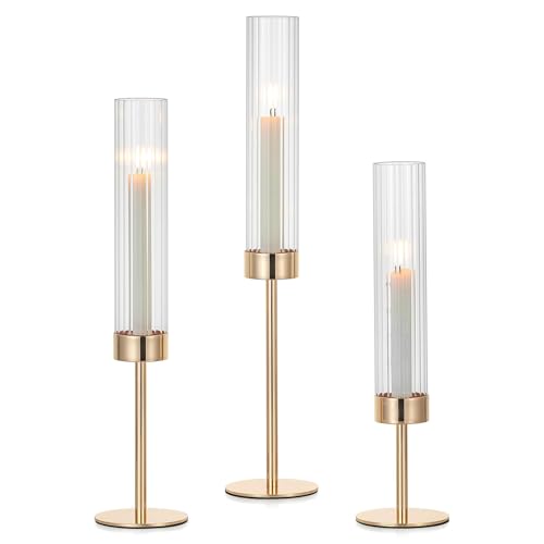 Hewory Gold Taper Candle Holders - Set of 3 Hurricane Glass