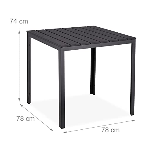 Relaxdays Gartentisch, HxBxT: 74x78x78 cm, Balkontisch Holzoptik, Kunststoff, Stahl, Terrassentisch quadratisch, schwarz