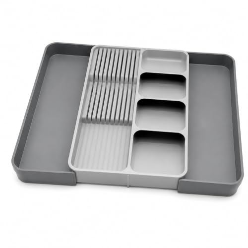 Porta-Talheres Organizador Expansível para Gaveta em PP Cinza | Ajustável até 51 cm, 39 x 28 x 5,3 cm Fechado, Organização para Talheres, 1 Unidade