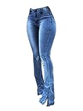 Women's High Waist Ripped Flare Bell Bottom Jeans Pants Wide Leg Denim Pants Trousers Dark Blue