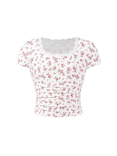 Image of RoseSeek Girl's Ditsy Floral Print Lace T Shirt Short Sleeve Ribbed Ruched Cute Tee Shirts Summer Tops